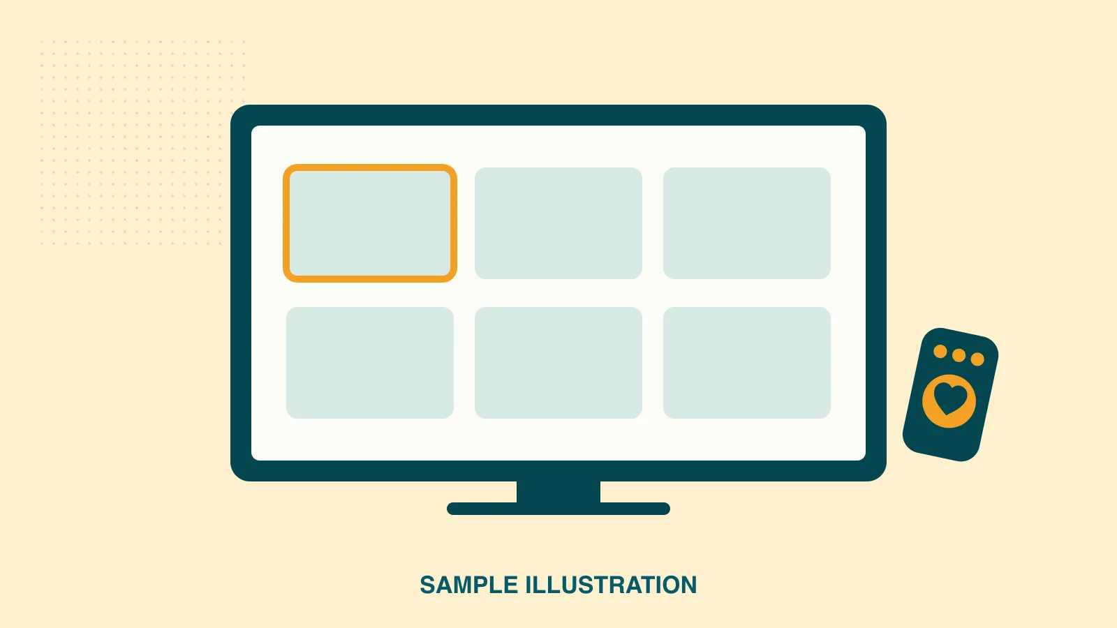 Illustration of a TV showing six large tiles, the first outlined in amber, with a small remote control beside it.